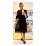 Black Mesh Dots Smocked Waist Tiered Ruffle Hem Midi Dress
