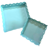 Set of TWO White, Green, Pink or Blue Enameled Tin Scalloped Trays (15” & 9”)