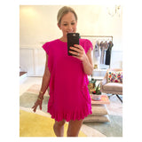 Barbie Pink Cascading Ruffle Textured Shift Dress with Round GUNMETAL Appliqué Trim & Keyhole Back