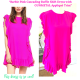 Barbie Pink Cascading Ruffle Textured Shift Dress with Round GUNMETAL Appliqué Trim & Keyhole Back