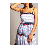 Red White & Navy Blue Stripe Tiered Maxi Dress with Tassels & RicRac Trim