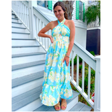 Aqua Hydrangea Print Smocked Hunter Halter Dress