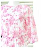 White & Coral Chinoiserie Print 3/4 Puff Sleeve Dress with Asymmetrical Ruffle Hem