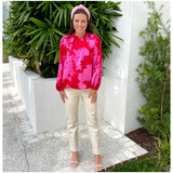 Pink & Red Satin Jovie Blouse with Optional Top Button Closure