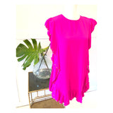 Barbie Pink Cascading Ruffle Textured Shift Dress with Round GUNMETAL Appliqué Trim & Keyhole Back