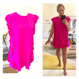 Barbie Pink Cascading Ruffle Textured Shift Dress with Round GUNMETAL Appliqué Trim & Keyhole Back