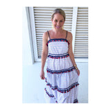 Red White & Navy Blue Stripe Tiered Maxi Dress with Tassels & RicRac Trim