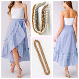 Blue Stripe High Low Maxi Wrap Skirt with Round Ruffle Hem Detail