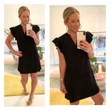 Black Flutter Sleeve High Low Hem Shift Dress with Pockets