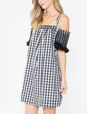 Black White Gingham Off the Shoulder with Straps Dress with Fringe Sleeve Hem