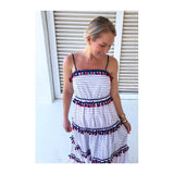 Red White & Navy Blue Stripe Tiered Maxi Dress with Tassels & RicRac Trim