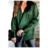 Emerald Green Satin V-Neck Blouse with Mandarin Collar