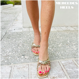 Metallic Gold Leather Crisscross Mercedes Heels, Made in Spain