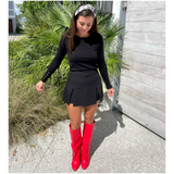 Red Leather 3” Hidden Wedge Heel Piper Boots with Buckle Detail