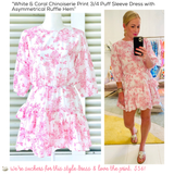 White & Coral Chinoiserie Print 3/4 Puff Sleeve Dress with Asymmetrical Ruffle Hem