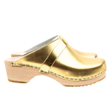Gold Leather Malmo Clog with Gold Strap & Wooden Heel with Rubber Sole, Handmade in Sweden
