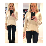 Beige Ribbed Knit Round Neck Sweater with Banded Sleeves & Hem