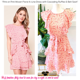 Pink on Pink Woven Floral A-Line Dress with Cascading Ruffles & Belt Sash