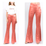 Mandarin Satin High Waisted Flare Leg Side Zip Pants with Banded Waist