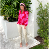 Pink & Red Satin Jovie Blouse with Optional Top Button Closure