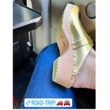 Gold Leather Malmo Clog with Gold Strap & Wooden Heel with Rubber Sole, Handmade in Sweden