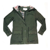 Olive Green Burberry-esque Utility Hooded Jacket with Plaid Lining & Toggle Waist Cinch