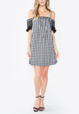 Black White Gingham Off the Shoulder with Straps Dress with Fringe Sleeve Hem