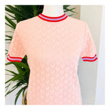 Baby Pink Open Knit Short Sleeve Sweater with Lavender & Poppy Red Banded Trim