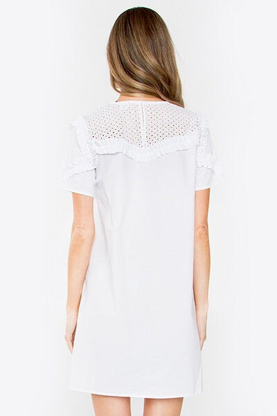 chinese dress ladies White Short Sleeve Eyelet Shift Dress with Ruffle Bust & Shoulder Detail &  Back Zip
