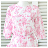 White & Coral Chinoiserie Print 3/4 Puff Sleeve Dress with Asymmetrical Ruffle Hem