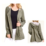 Olive Green Burberry-esque Utility Hooded Jacket with Plaid Lining & Toggle Waist Cinch