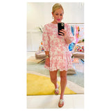 White & Coral Chinoiserie Print 3/4 Puff Sleeve Dress with Asymmetrical Ruffle Hem