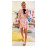 White & Coral Chinoiserie Print 3/4 Puff Sleeve Dress with Asymmetrical Ruffle Hem