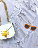 Blue Stripe High Low Maxi Wrap Skirt with Round Ruffle Hem Detail