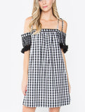 Black White Gingham Off the Shoulder with Straps Dress with Fringe Sleeve Hem