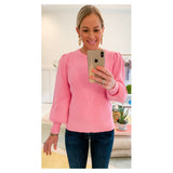 Bubblegum Pink OR Black Contrasting Ribbed Knit Puff Sleeve Sweater