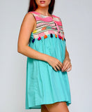 Aqua Embroidered Babydoll Dress with Tassel Detail