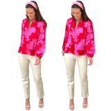 Pink & Red Satin Jovie Blouse with Optional Top Button Closure