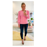 Bubblegum Pink OR Black Contrasting Ribbed Knit Puff Sleeve Sweater