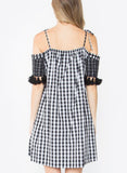 Black White Gingham Off the Shoulder with Straps Dress with Fringe Sleeve Hem