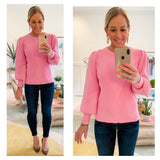 Bubblegum Pink OR Black Contrasting Ribbed Knit Puff Sleeve Sweater