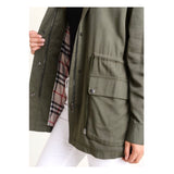 Olive Green Burberry-esque Utility Hooded Jacket with Plaid Lining & Toggle Waist Cinch