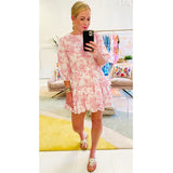 White & Coral Chinoiserie Print 3/4 Puff Sleeve Dress with Asymmetrical Ruffle Hem