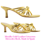 Metallic Gold Leather Crisscross Mercedes Heels, Made in Spain