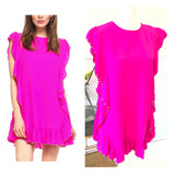 Barbie Pink Cascading Ruffle Textured Shift Dress with Round GUNMETAL Appliqué Trim & Keyhole Back