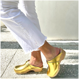 Gold Leather Malmo Clog with Gold Strap & Wooden Heel with Rubber Sole, Handmade in Sweden