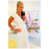 White Linen Triple Cascading Ruffle Maxi Dress
