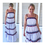 Red White & Navy Blue Stripe Tiered Maxi Dress with Tassels & RicRac Trim