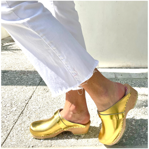 Gold Leather Malmo Clog with Gold Strap & Wooden Heel with Rubber Sole, Handmade in Sweden