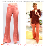 Mandarin Satin High Waisted Flare Leg Side Zip Pants with Banded Waist